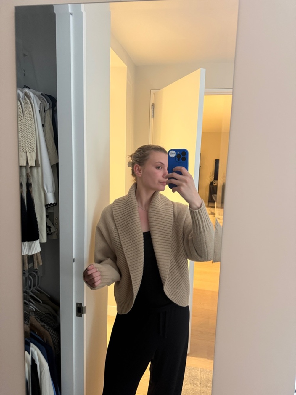 Elan Neutral Beige Shawl-Collar Ribbed Cardigan